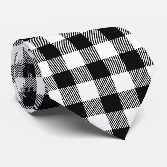  Check Plaid Black and White Tie (Rolled)