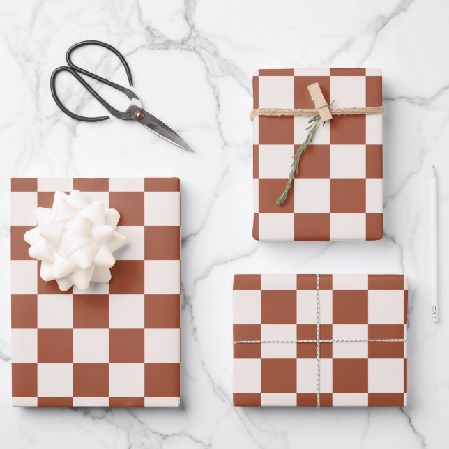 Check Rust Chequered Terracotta Chequerboard Wrapping Paper Sheet (Front)