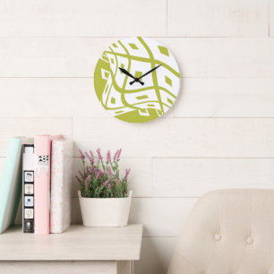 Check Wavy Brain Thinking - Pear Green White  Large Clock