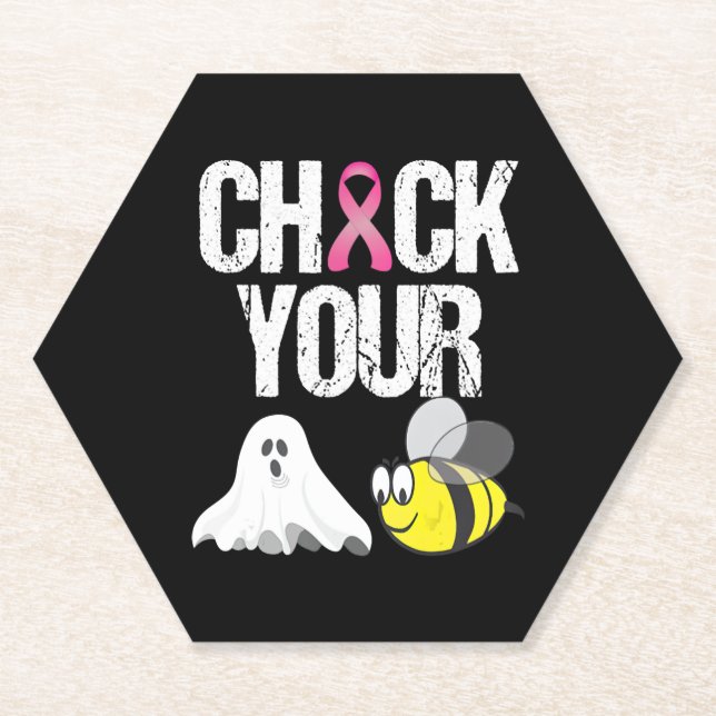 Check Your Boo Bees Funny Breast Cancer Halloween Paper Coaster (Front)