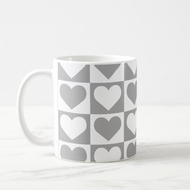 Checkboard Hearts Pattern - Grey and White   Coffee Mug (Left)