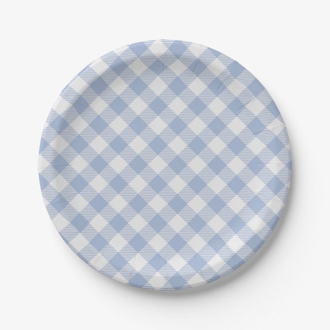 Checked Blue Gingham Classic Pattern Paper Plate (Front)