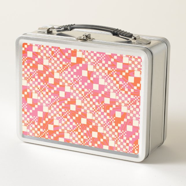 Checked, Checks - Pink, Orange and Cream Metal Lunch Box (Front)