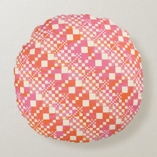 Checked, Checks - Pink, Orange and Cream Round Cushion