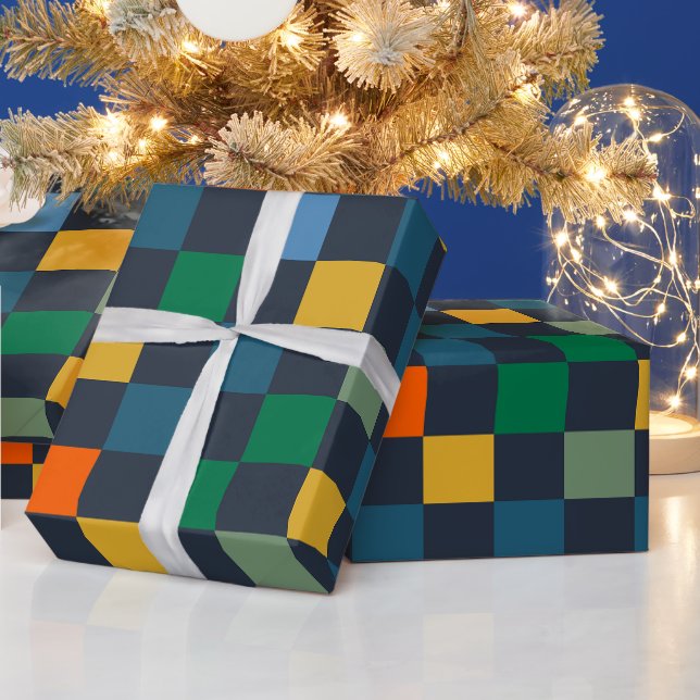 Checked Chequered Check Multi-Colour Dark Pattern Wrapping Paper (Holidays)