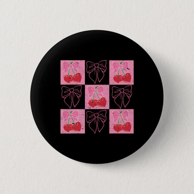 Checked Cherry Coquette Bow Ribbon Pink Valentine  6 Cm Round Badge (Front)