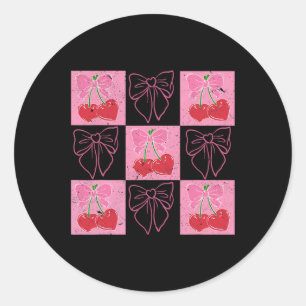 Checked Cherry Coquette Bow Ribbon Pink Valentine  Classic Round Sticker
