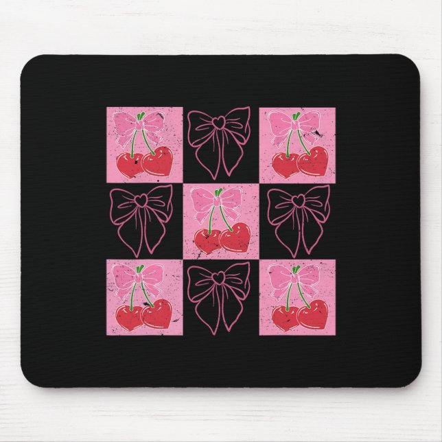 Checked Cherry Coquette Bow Ribbon Pink Valentine  Mouse Pad (Front)
