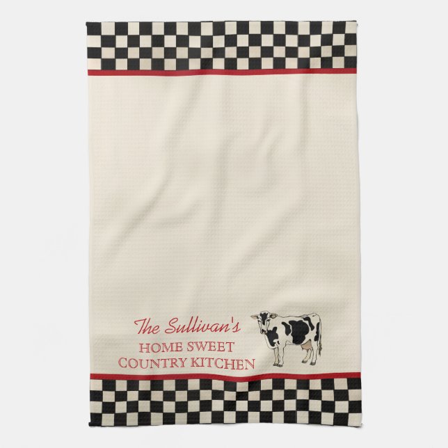 Checked Country Cow Personalised Kitchen Towels (Vertical)