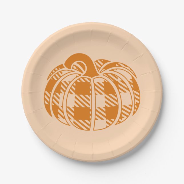 Checked Fall Pumpkin Thanksgiving Paper Plate (Front)