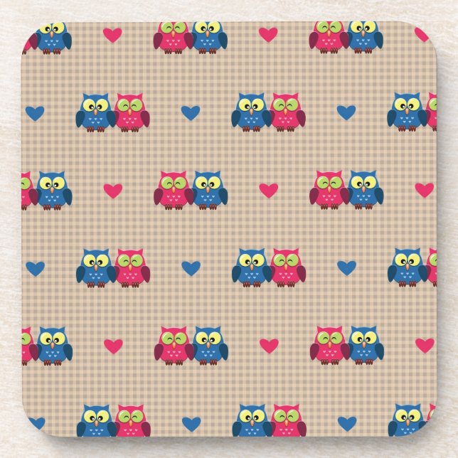 Checked pattern with love owls coaster (Front)