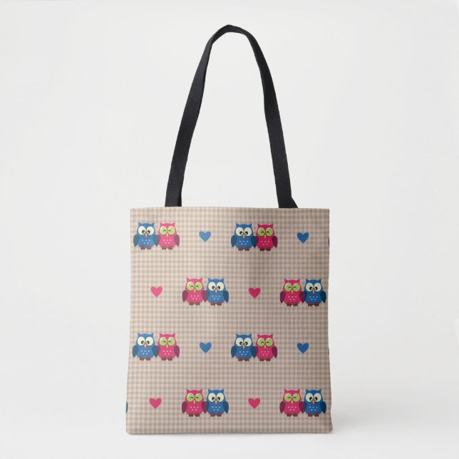 Checked pattern with love owls tote bag (Front)