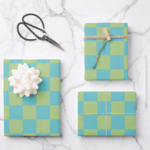 Checkerboard Checkered Pattern in Blue and Green  Wrapping Paper Sheet