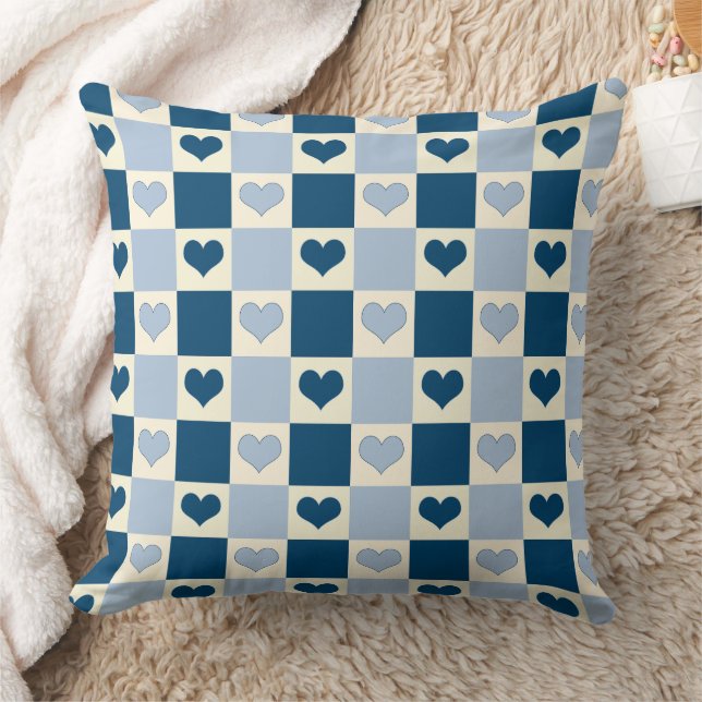Checkerboard Hearts in Dark Blue, Light Blue, and  Cushion (Blanket)