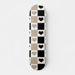 Checkerboard Hearts in Taupe, Black, and White Skateboard