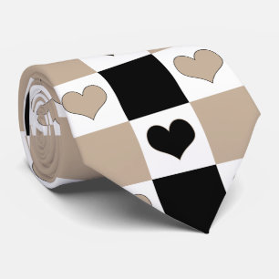 Checkerboard Hearts in Taupe, Black, and White Tie