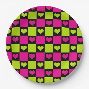 Checkerboard Hearts - Lime Green, Hot Pink & Black Paper Plate
