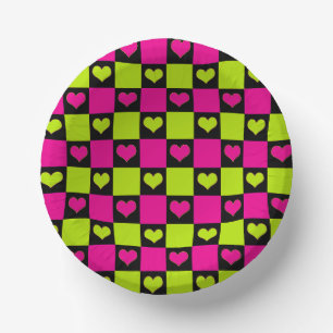 Checkerboard Hearts - Lime Green, Hot Pink & Black Paper Plate