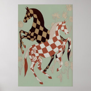 Checkerboard Horse Art Print - Vintage Floral and