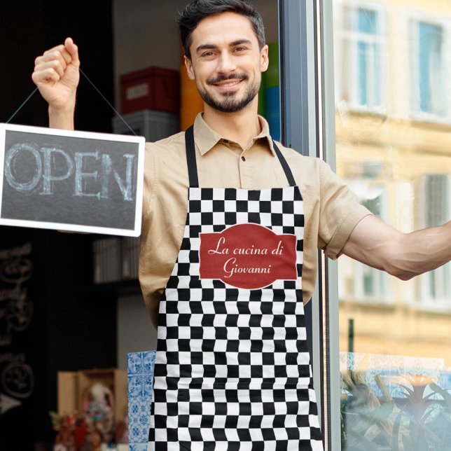 Checkerboard Italian Kitchen Chef with Name Apron (Creator Uploaded)