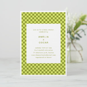 Checkerboard Lime Olive Retro Couples Baby Shower Invitation