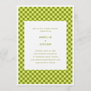 Checkerboard Lime Olive Retro Couples Baby Shower Invitation