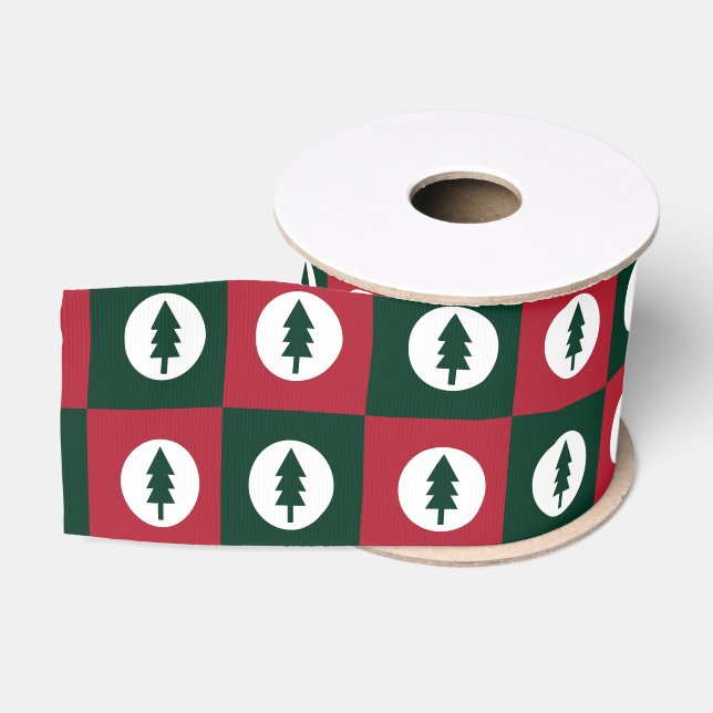 Checkerboard Pattern Red and Green Christmas Trees Grosgrain Ribbon (Spool)