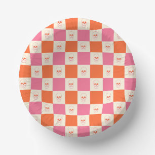 Checkerboard Skulls in Pink, Orange, & Cream Paper Plate