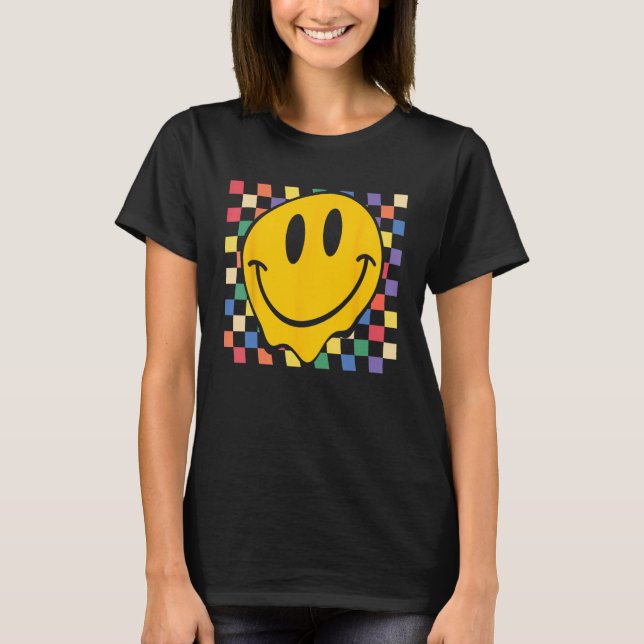 Checkerboard Smiling Face Groovy LGBT Rainbow Prid T-Shirt (Front)