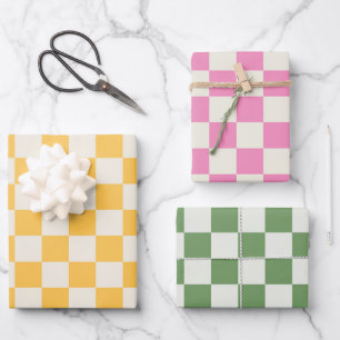 Checkerboard Yellow Pink Green Preppy Retro Fun Wrapping Paper Sheet