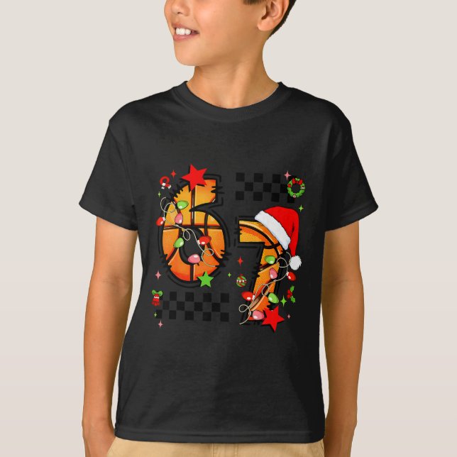 Checkered 67 Basketball Santa Hat Christmas Six Se T-Shirt (Front)