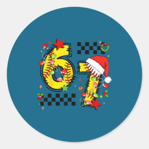 Checkered 67 Softball Santa Hat Christmas Six Seve Classic Round Sticker