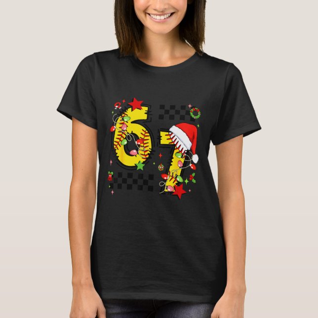 Checkered 67 Softball Santa Hat Christmas Six Seve T-Shirt (Front)