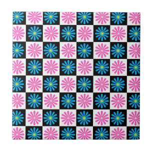 Checkered Abstract Pink and Blue Flower Tile