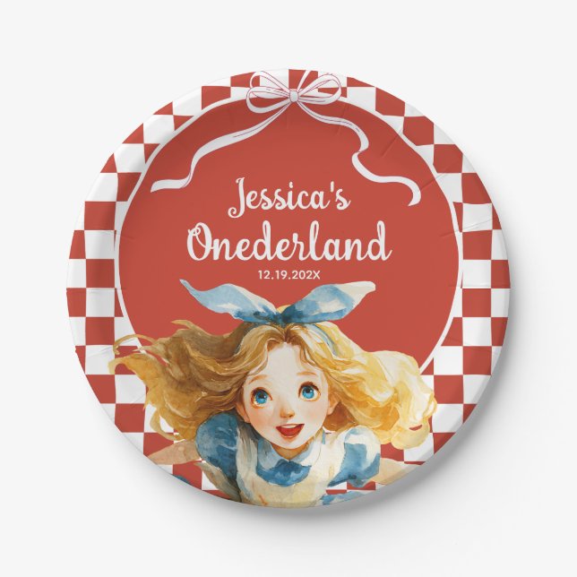 Checkered Alice in ONEDERLAND 1st Birthday Party Paper Plate (Front)