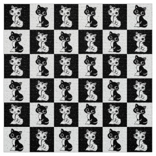 Checkered Black And White Cat Fabric