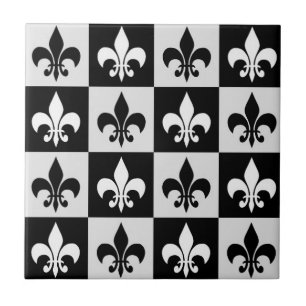 Checkered Black White Fleur-De-Lis Pattern  Tile