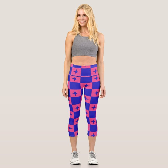 Checkered Blue & Pink Tile With Sparkles Pattern Capri Leggings (Front)