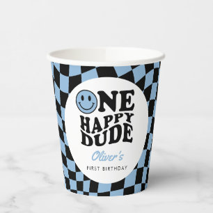 Checkered Blue Smile One Happy Dude 1st Birthday Paper Cups
