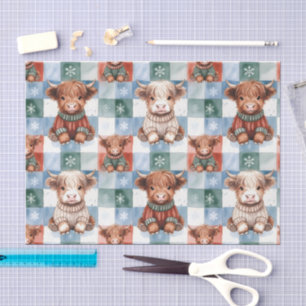 Checkered Christmas Highland Cow Red Green Blue  Tissue Paper