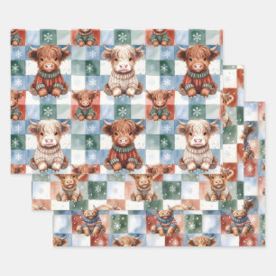 Checkered Christmas Highland Cow Red Green Blue  Wrapping Paper Sheet
