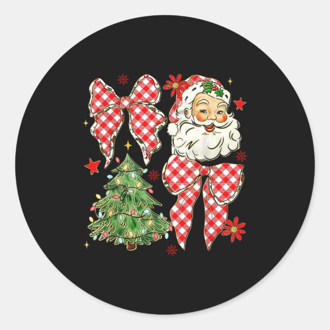 Checkered Coquette Bow Santa Claus Christmas Holid Classic Round Sticker (Front)