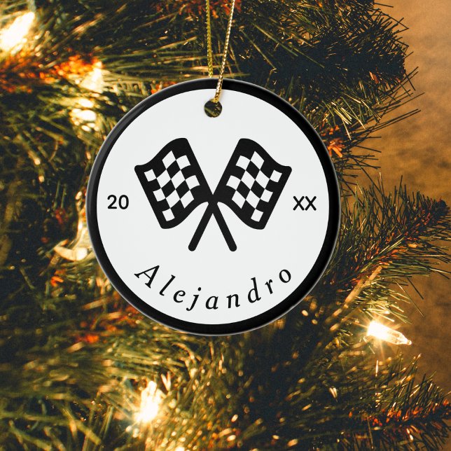 Checkered Flag Racing Racer Custom Name Ceramic Tree Decoration (Creator Uploaded)