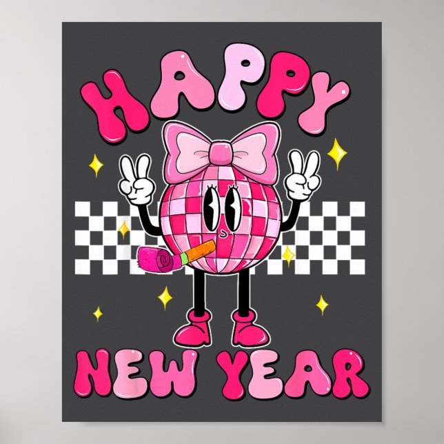 Checkered Happy New Year 2026 Disco Ball New Year  Poster (Front)