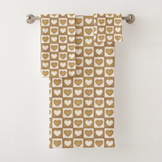 Checkered Hearts in Blond Cream Bath Towel Set (Insitu)