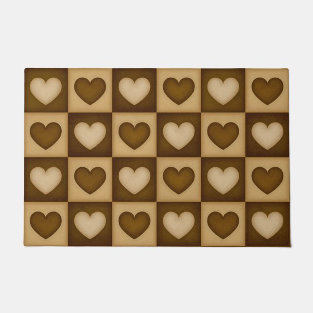 Checkered Hearts in Brown Toffee Large Doormat (Front)
