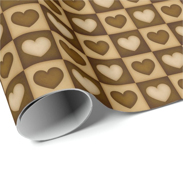 Checkered Hearts in Toffee Brown Wrapping Paper (Roll Corner)