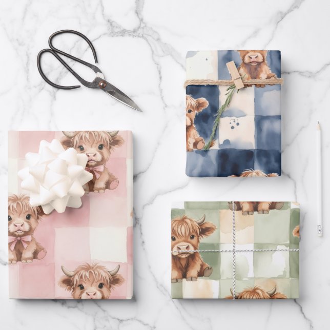 Checkered Highland Cow pink green blue Gift Wrap (Front)