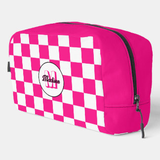 Checkered Hot pink white geometric retro Monogram Dopp Kit