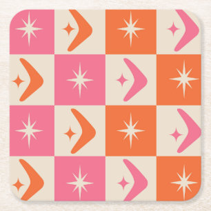 Checkered Mid Century Boomerangs pink and orange  Square Paper Coaster